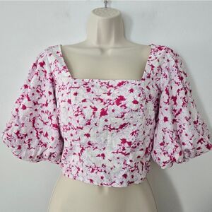 Open Edit Puff Sleeve Square Neck Floral Print Crop Top Linen blend